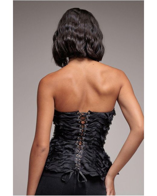 Goddiva Black Peplum 3D Textured Boob Tube Lace Up Corset