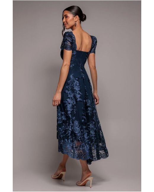 Goddiva Blue Scalloped Neck Embroidered Lace High Low Midi Dress