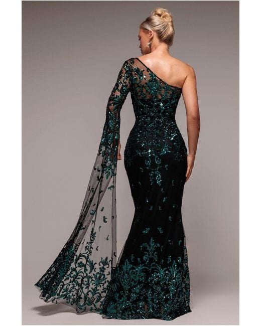 Goddiva Blue Sequin Mesh One Shoulder Evening Maxi