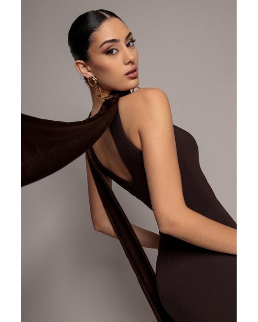 Goddiva Brown Scuba & Soft Satin Halterneck Midi Dress With Back Sash