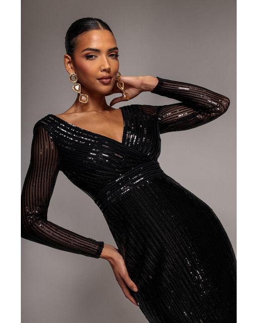 Goddiva Black Long Sleeve Sequin V Wrap Maxi Dress