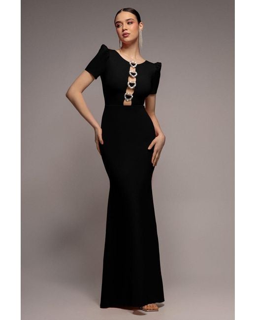 Goddiva Black Diamante Embellished Heart Brooch Scuba Maxi Dress