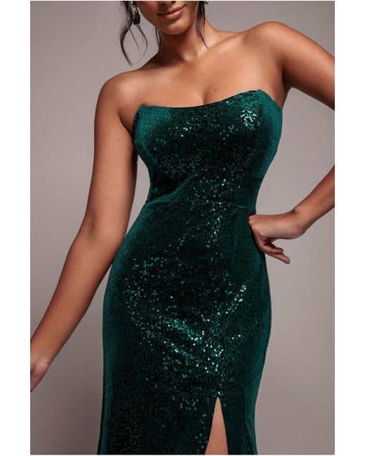 Goddiva Green Sequin Velvet Bandeau Maxi Dress