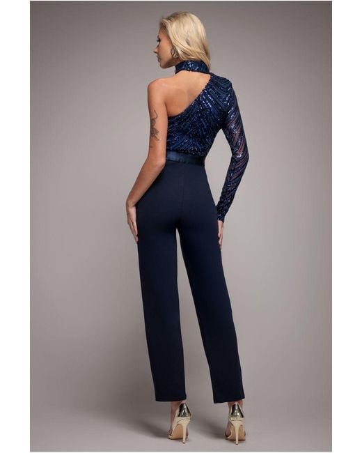 Goddiva Blue One Shoulder Sequin Jumpsuit