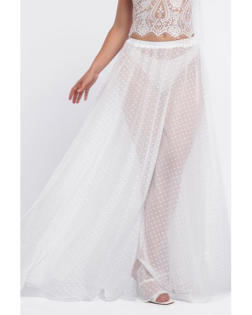 Goddiva White Embroidered Lace Corset Polka Dobby Chiffon A-Line Maxi Skirt With Scarf & Gloves