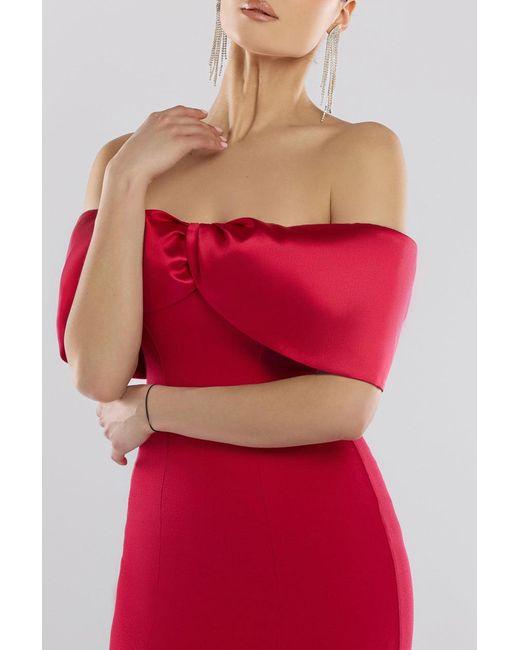 Goddiva Red Twist Knot Satin & Scuba Bardot High Low Midi Dress