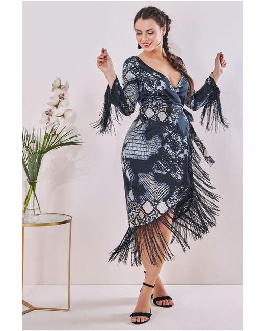 Goddiva Black Maternity Tassel Foil Print Wrap Midi
