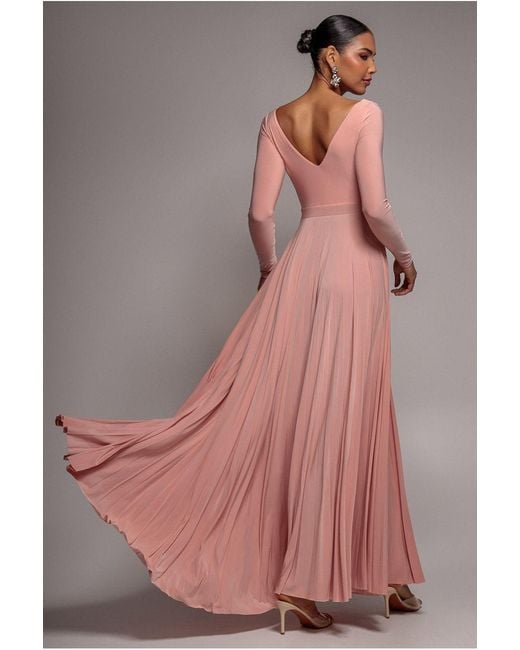 Goddiva Pink Plunge Neck Long Sleeve A Line Maxi Dress
