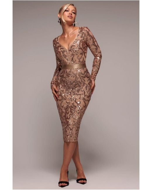 Goddiva Natural Sequin & Mesh Midi Dress