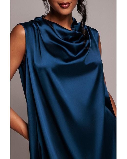 Goddiva Blue Cowl Neck Back Wing Satin High Low Midi Dress
