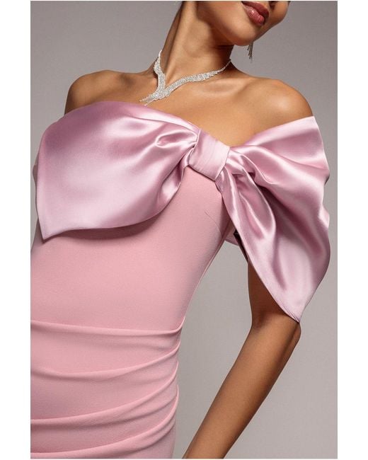 Goddiva Pink Off The Shoulder Satin Bow Neck Maxi Dress