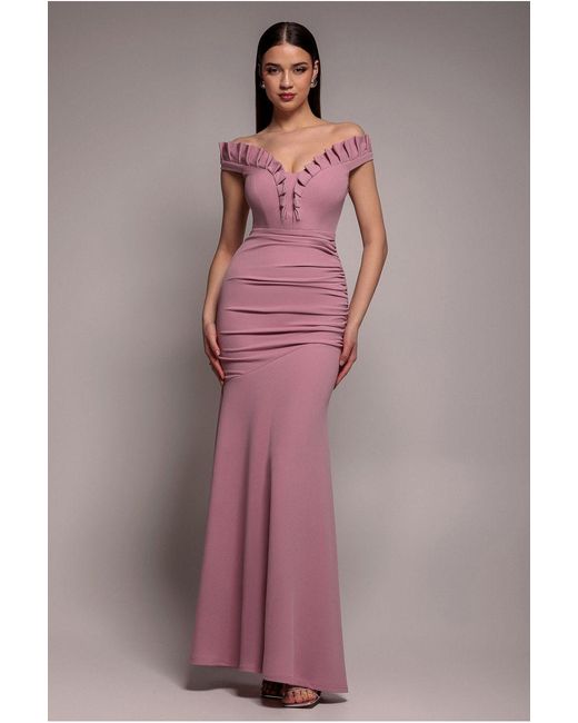 Goddiva Pink Off The Shoulder Frill Gathered Maxi Dress