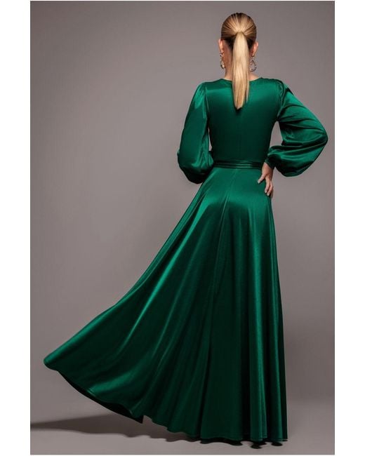 Goddiva Green Satin Square Neck Bishop Sleeve A Line Maxi Dress