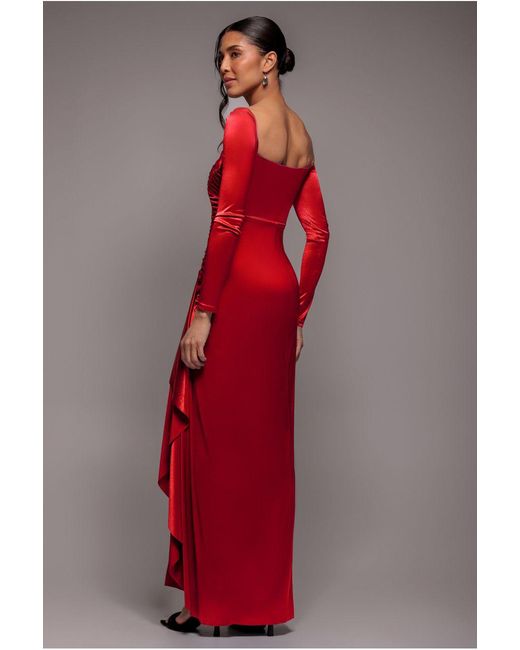 Goddiva Red Slinky Satin One Shoulder Split Maxi Dress
