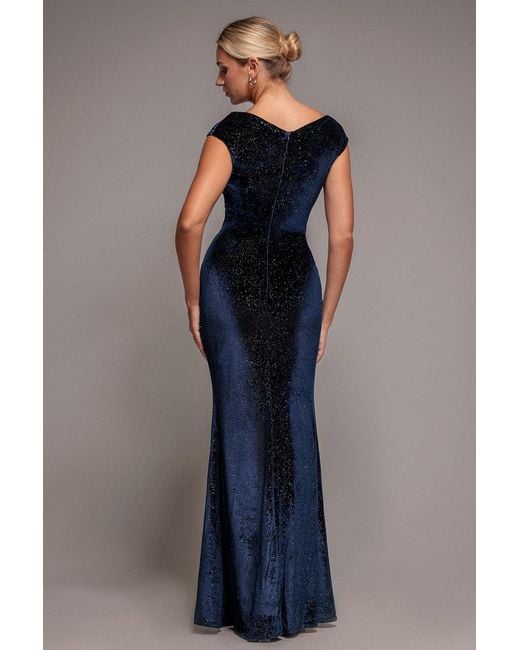 Goddiva Blue Shimmer Velvet Bardot Maxi Dress
