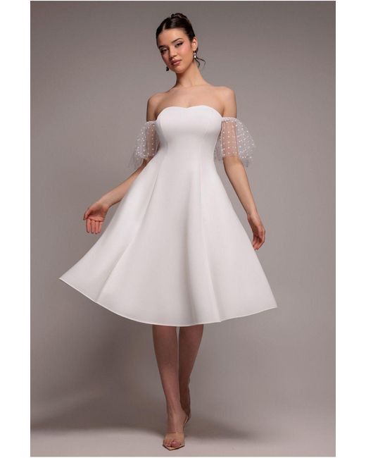 Goddiva White Scuba & Polka Mesh Off The Shoulder Midi Dress