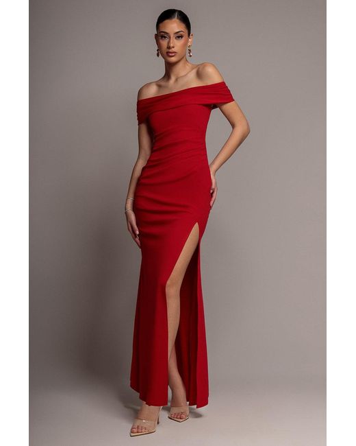 Goddiva Red Off The Shoulder Maxi Dress With Split