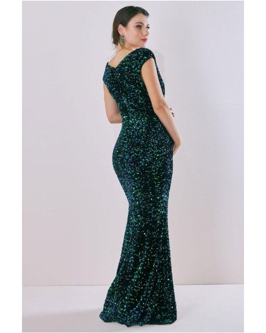 Goddiva Blue Maternity Sequin & Velvet Bardot Maxi