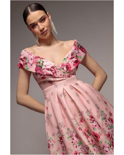 Goddiva Pink Bardot Floral Print A-Line Scuba Foam Midi Dress