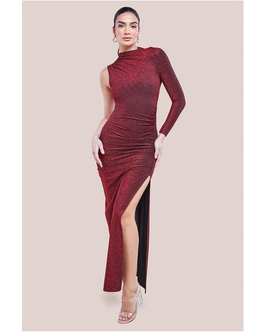 Goddiva Red Open Lurex Back One Sleeve Maxi Dress