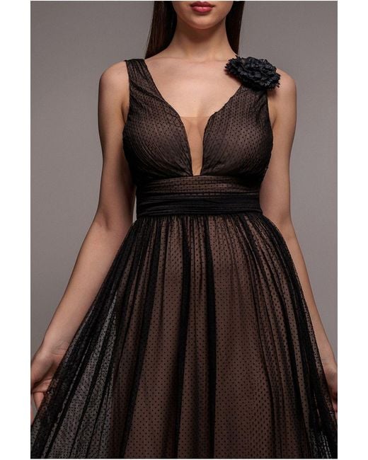Goddiva Black Sleeveless Pleated Dobby Mesh Corsage Maxi Dress