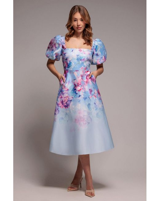 Goddiva Blue Printed Scuba Square Neck Puff Sleeve Midi Dress