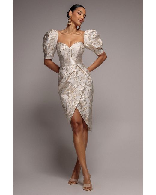 Goddiva Brown Puff Sleeve Sweetheart Midi Dress