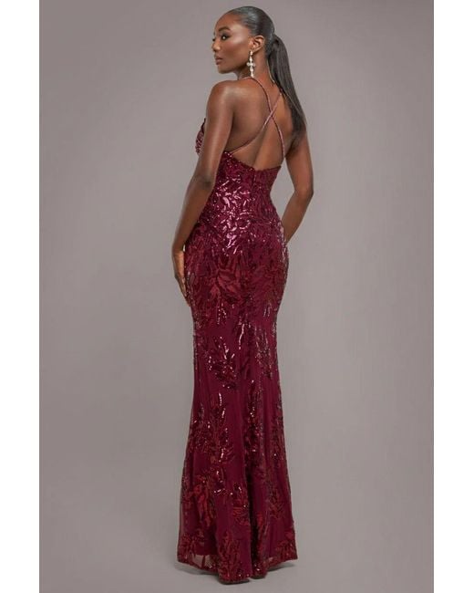 Goddiva Red Cross Back Diamante Strap Sequin Maxi