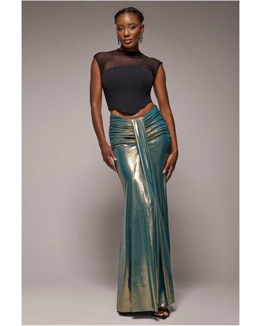 Goddiva Metallic Gathered Front Dipped Waist Foil Maxi Skirt