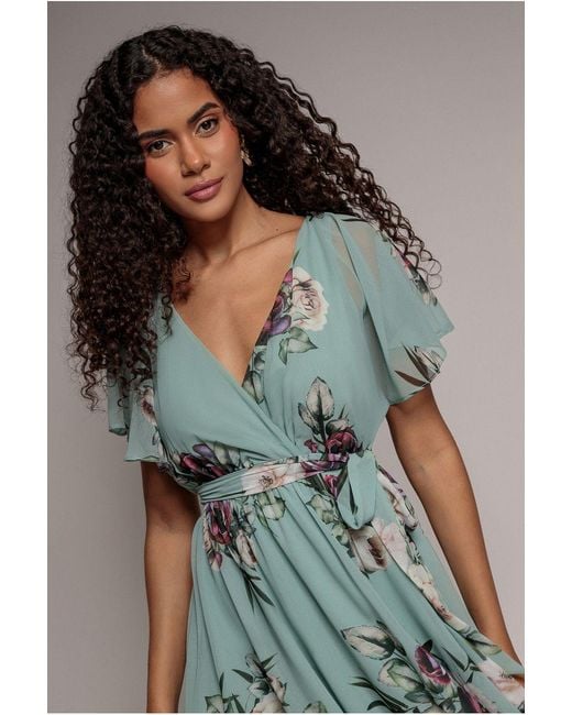 Goddiva Green Floral Flutter Sleeve Chiffon Midi Dress
