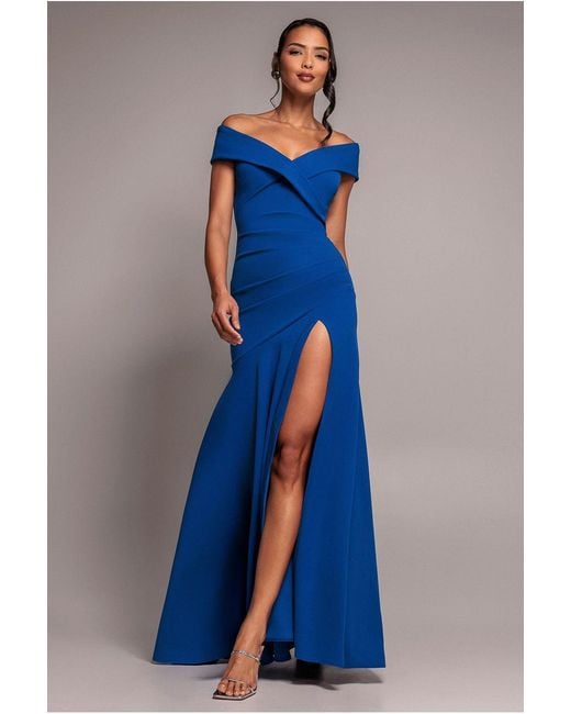 Goddiva Blue Scuba Crepe Off Shoulder Front Split Maxi Dress