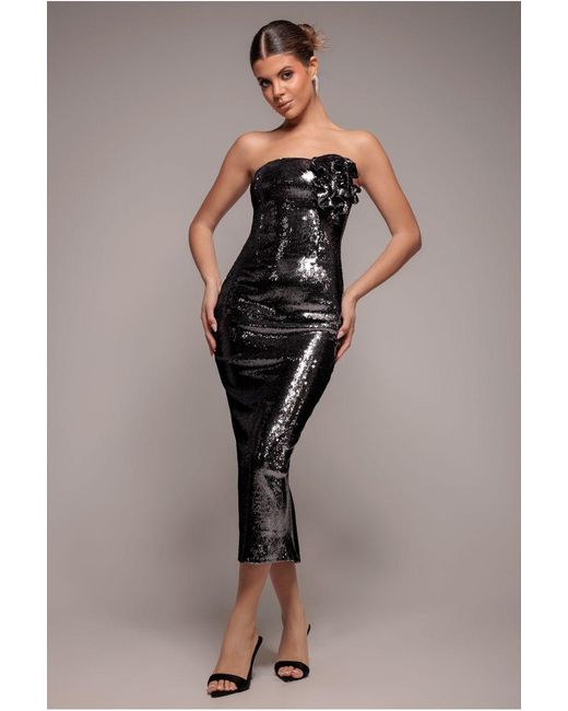 Goddiva Black Liquid Sequin Boobtube Midaxi With Corsage