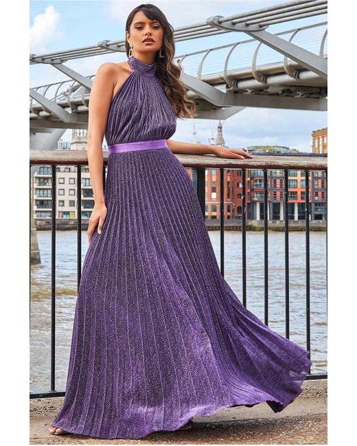 Goddiva Purple Lurex Halterneck Pleated Maxi Dress
