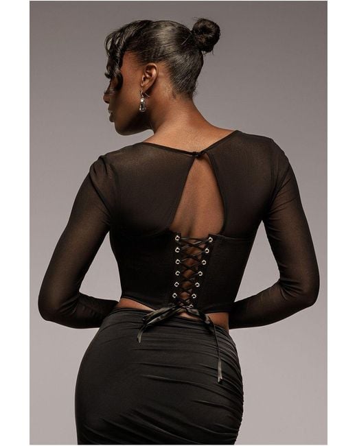 Goddiva Black Scuba Crepe And Mesh Lace Up Corset Top