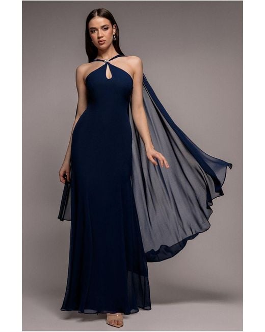 Goddiva Blue Multiway Cape Chiffon With Embellished Trim Maxi Dress