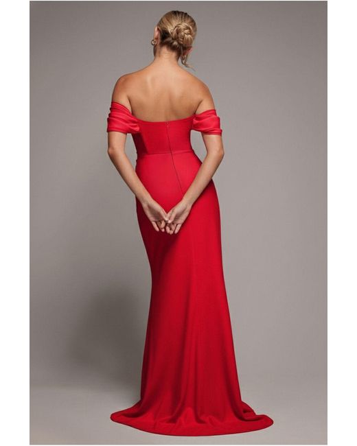 Goddiva Red Off The Shoulder Draped Sleeve Maxi Dress With Diamante Neckline
