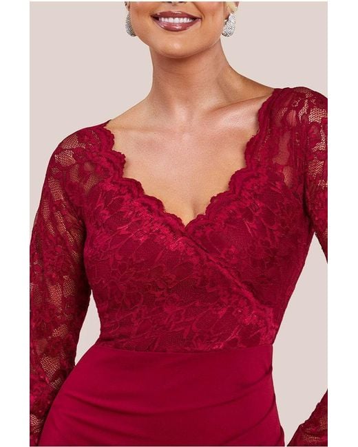 Goddiva Red Scalloped Lace & Scuba Maxi Dress