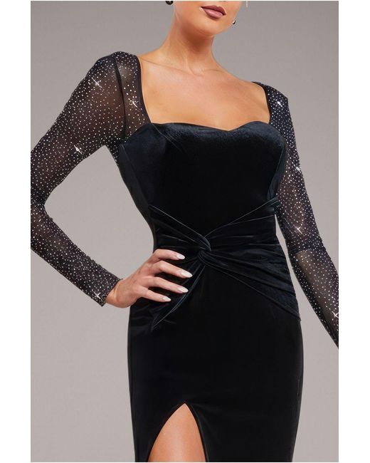 Goddiva Black Hotfix Diamante Sleeve Front Split Velvet Maxi Dress