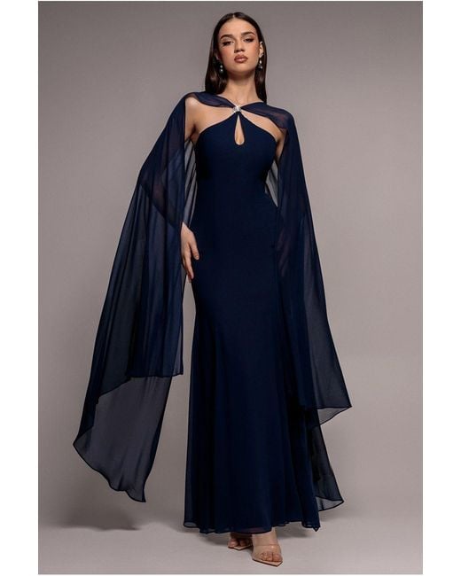 Goddiva Blue Multiway Cape Chiffon With Embellished Trim Maxi Dress