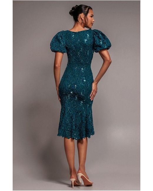 Goddiva Blue Sequin Lace Puff Sleeve Fit & Flare Midi Dress