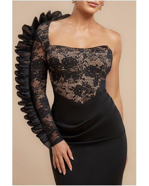 Goddiva Black One Shoulder Organza Fan Detail Lace Bodice Midi Dress