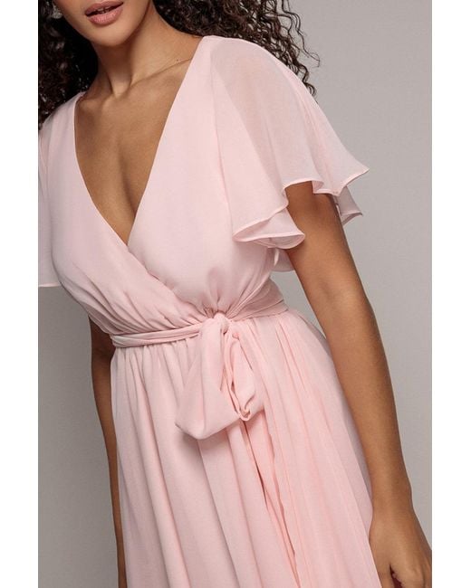 Goddiva Pink Flutter Sleeve Wrap Mini Dress With Elasticated Waist