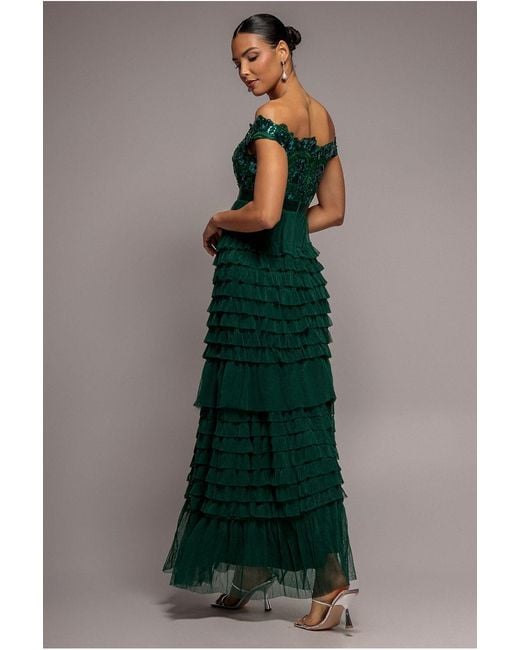 Goddiva Green Scallop Bardot Ruffle Mesh Maxi