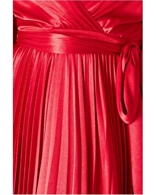 Goddiva Red Satin Pleated Skirt Wrap Midi Dress