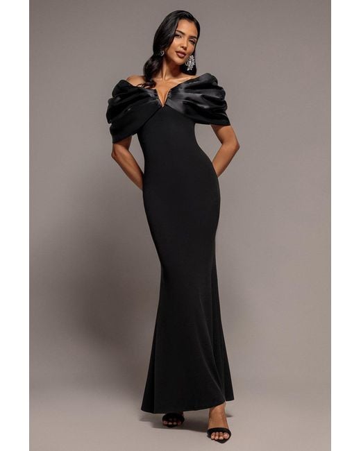Goddiva Black Satin Plunge Neck Bardot Scuba Maxi Dress