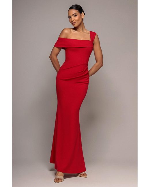 Goddiva Red Off The Shoulder Pleated Waist Maxi Dress