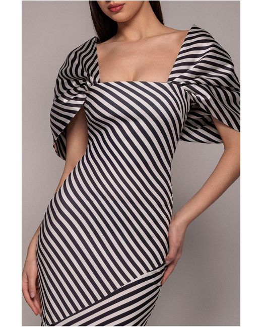 Goddiva Gray Stripe Off Shoulder Bow Back Satin Bow Maxi Dress
