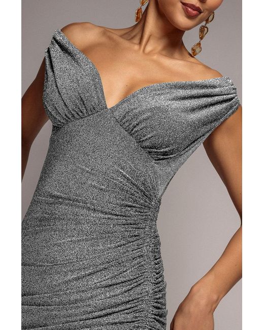 Goddiva Gray Off The Shoulder Drawstring Side Midi Dress