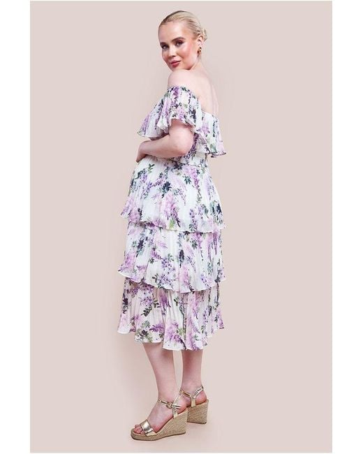 Goddiva Pink Maternity Shirred Chiffon Floral Bardot Midi Dress