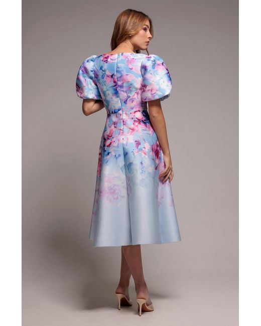 Goddiva Blue Printed Scuba Square Neck Puff Sleeve Midi Dress